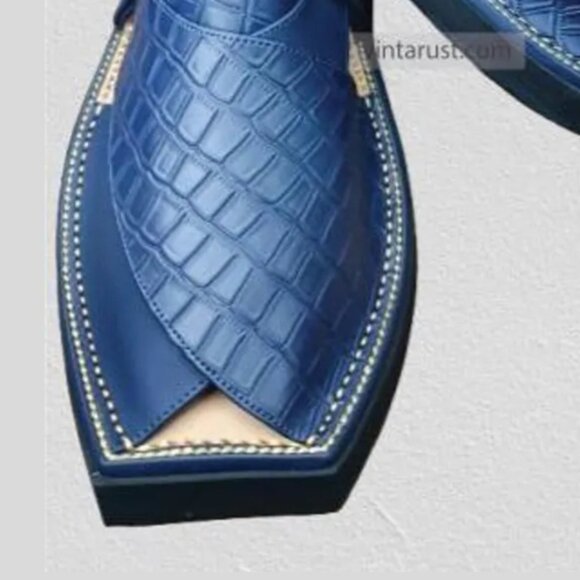 Blue Leather Sandals, Handmade Peshawari Chappal, Traditional Leather Blue main image 8